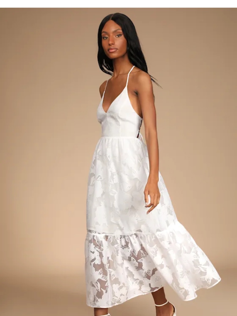Lulu's White Floral Lace V-Neck Maxi Dress with Sheer Hem